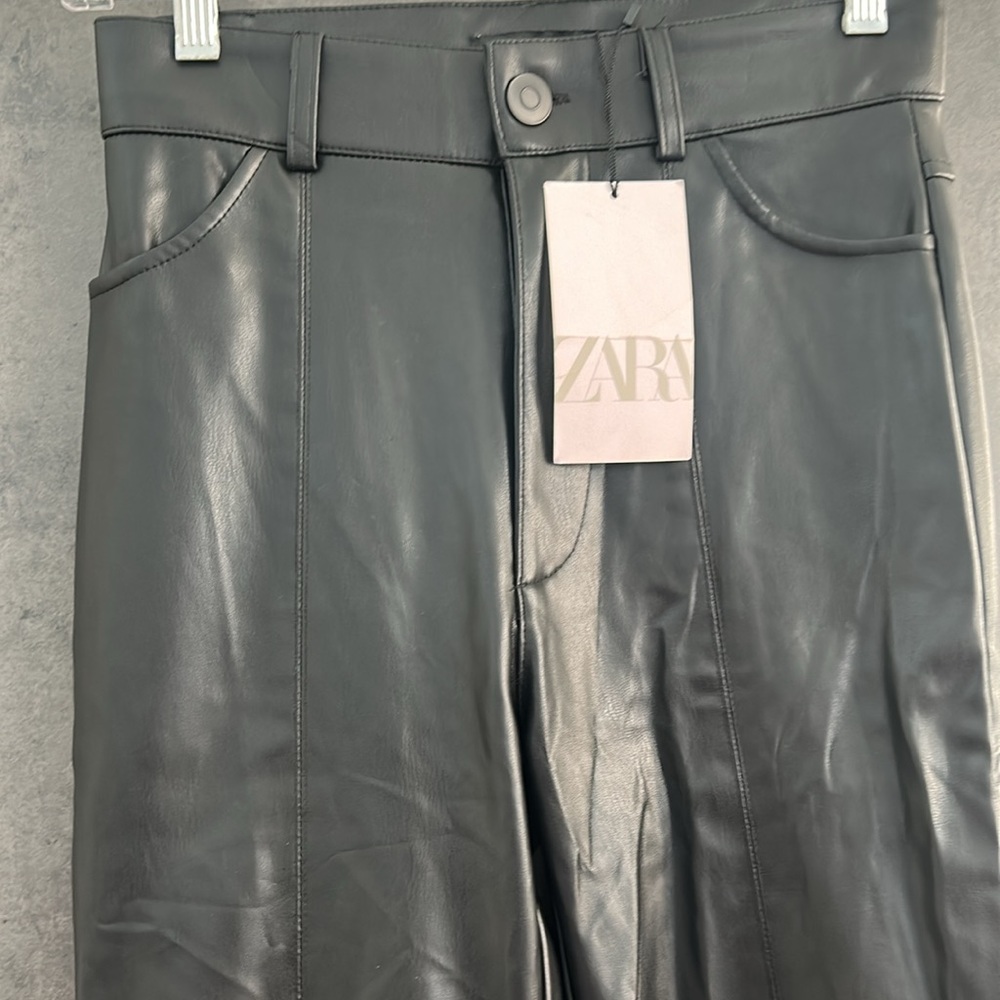 Zara Faux Leather Pants NWT Sz XS zipper fly stitch detail high rise black flare - Picture 4 of 9